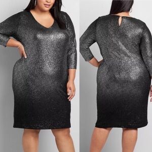 Lane Bryant Black Silver Purple Ombre Foil Shimmer Metallic Sheath Dress 22/24